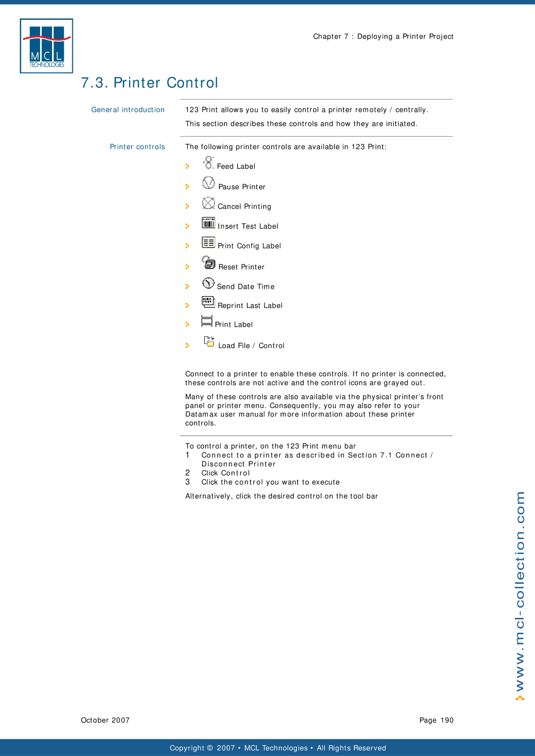 Datamax v1.1x user manual Printer Control, Following printer controls are available in 123 Print 