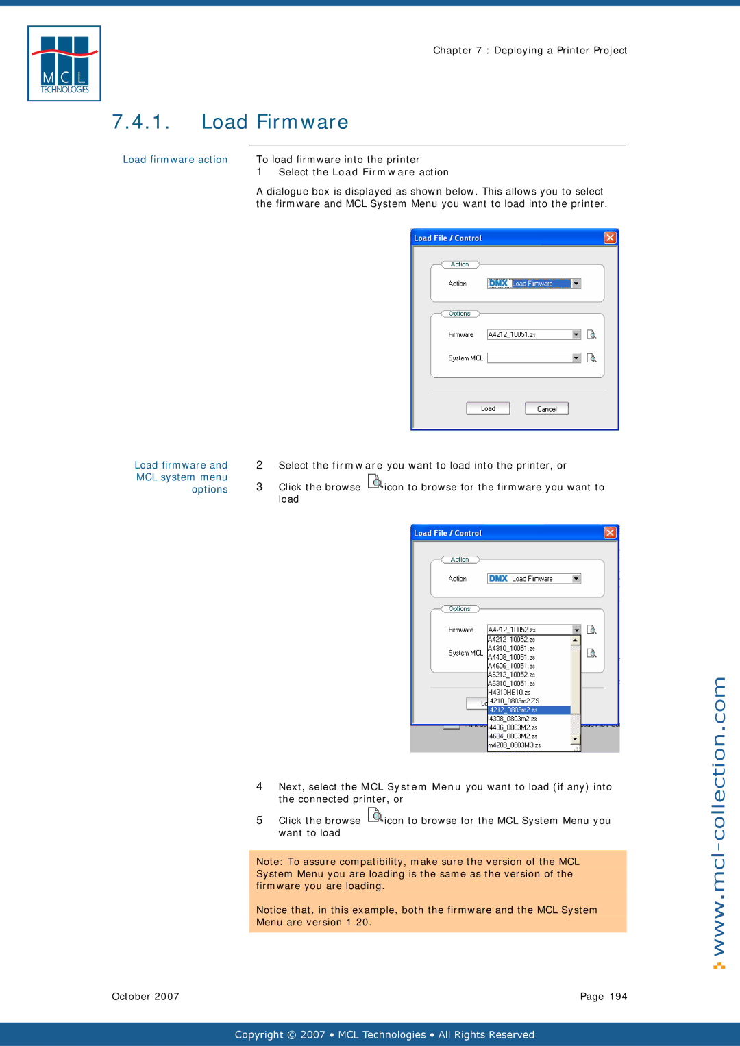 Datamax v1.1x user manual Load Firmware, Load firmware action, Load firmware and MCL system menu options 