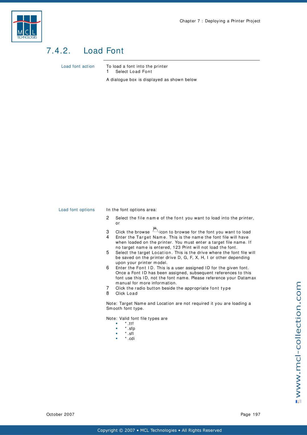 Datamax v1.1x user manual Load font action, Select Load Font, Load font options 