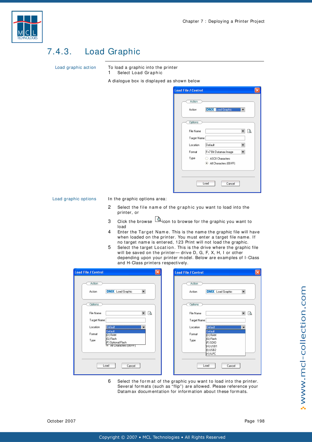 Datamax v1.1x user manual Load graphic action, Select Load Graphic, Load graphic options 