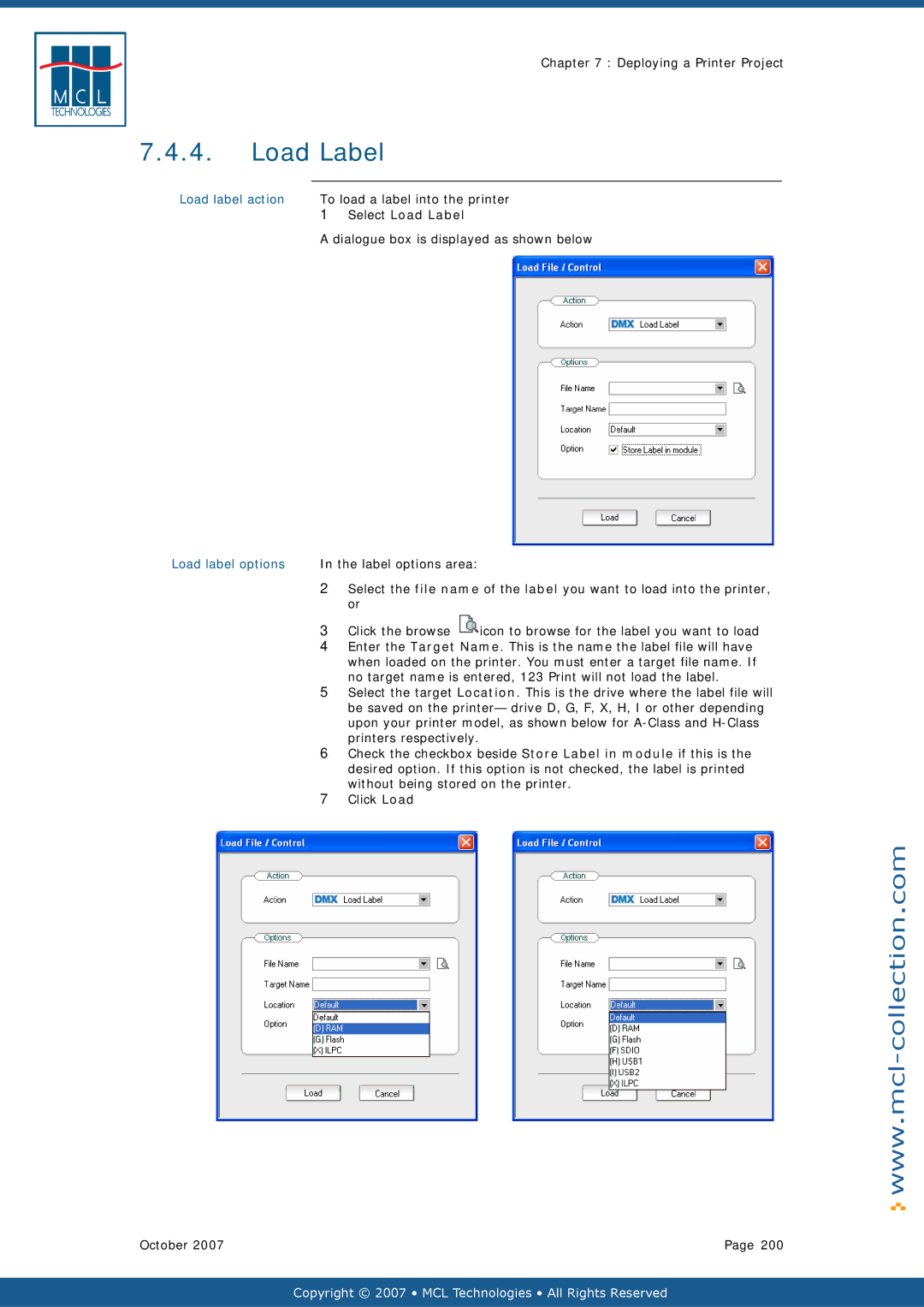 Datamax v1.1x user manual Load label action, Select Load Label, Load label options 