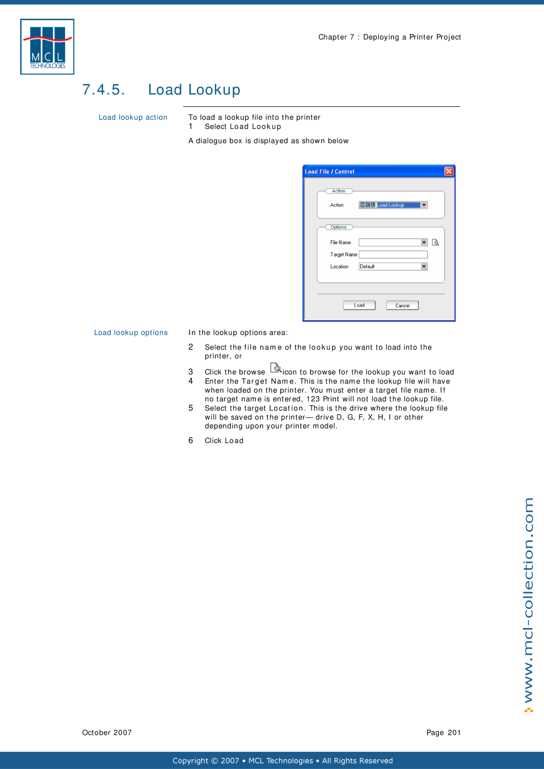 Datamax v1.1x user manual Load lookup action, Select Load Lookup, Load lookup options 