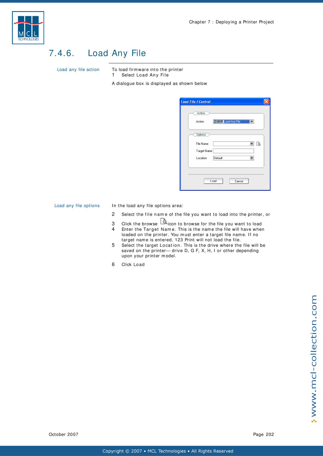 Datamax v1.1x user manual Load any file action, Select Load Any File, Load any file options 