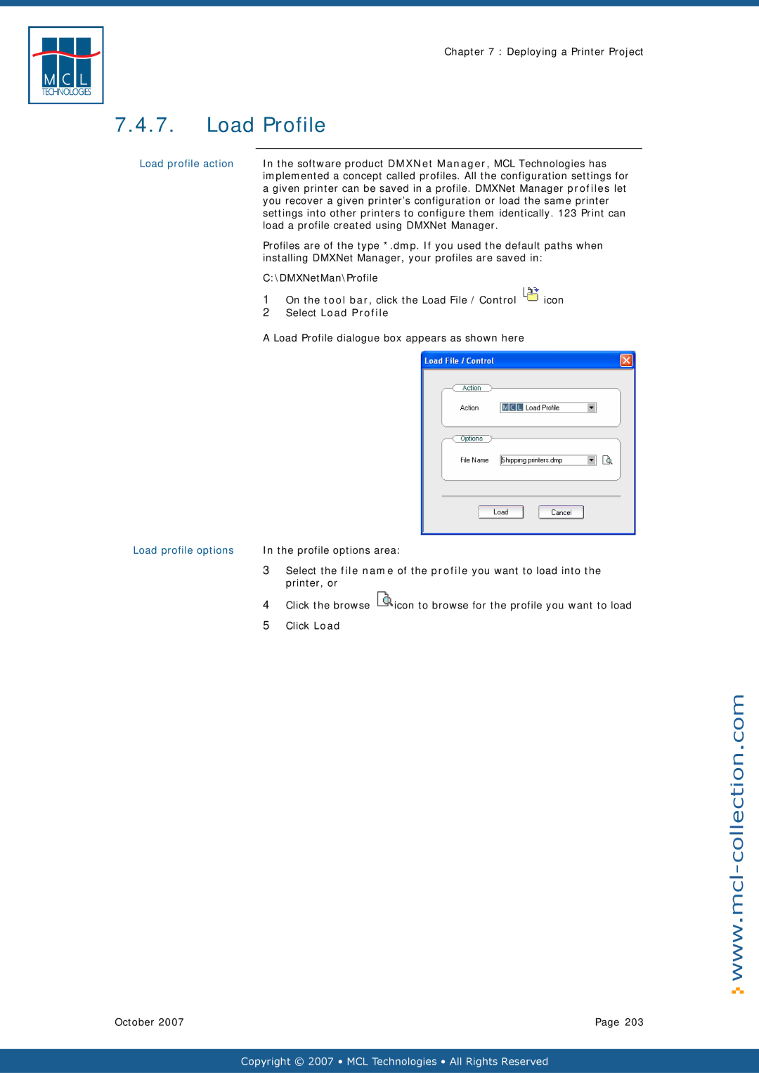 Datamax v1.1x user manual Load profile action, Select Load Profile, Load profile options 