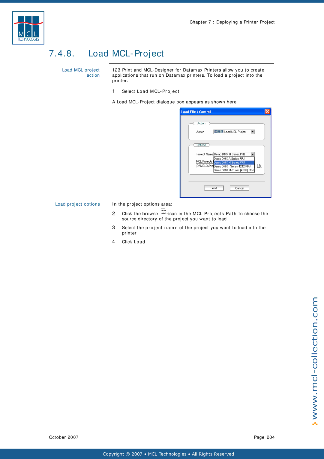 Datamax v1.1x user manual Action, Select Load MCL-Project, Load project options 