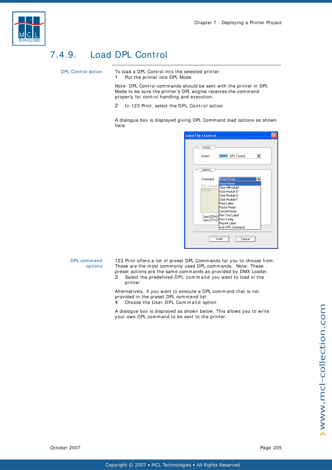 Datamax v1.1x user manual Load DPL Control, DPL Control action 