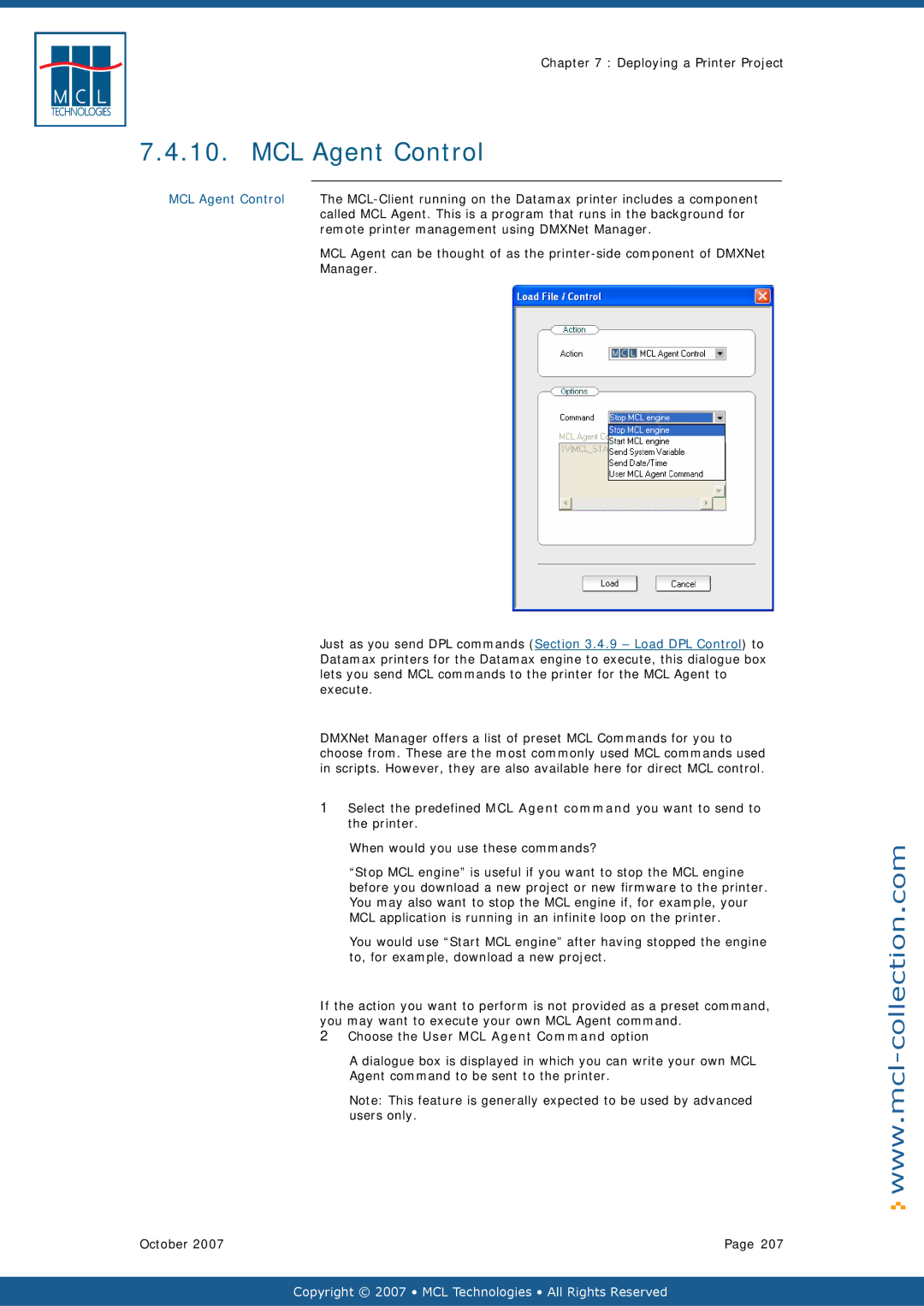 Datamax v1.1x MCL Agent Control, Remote printer management using DMXNet Manager, Choose the User MCL Agent Command option 