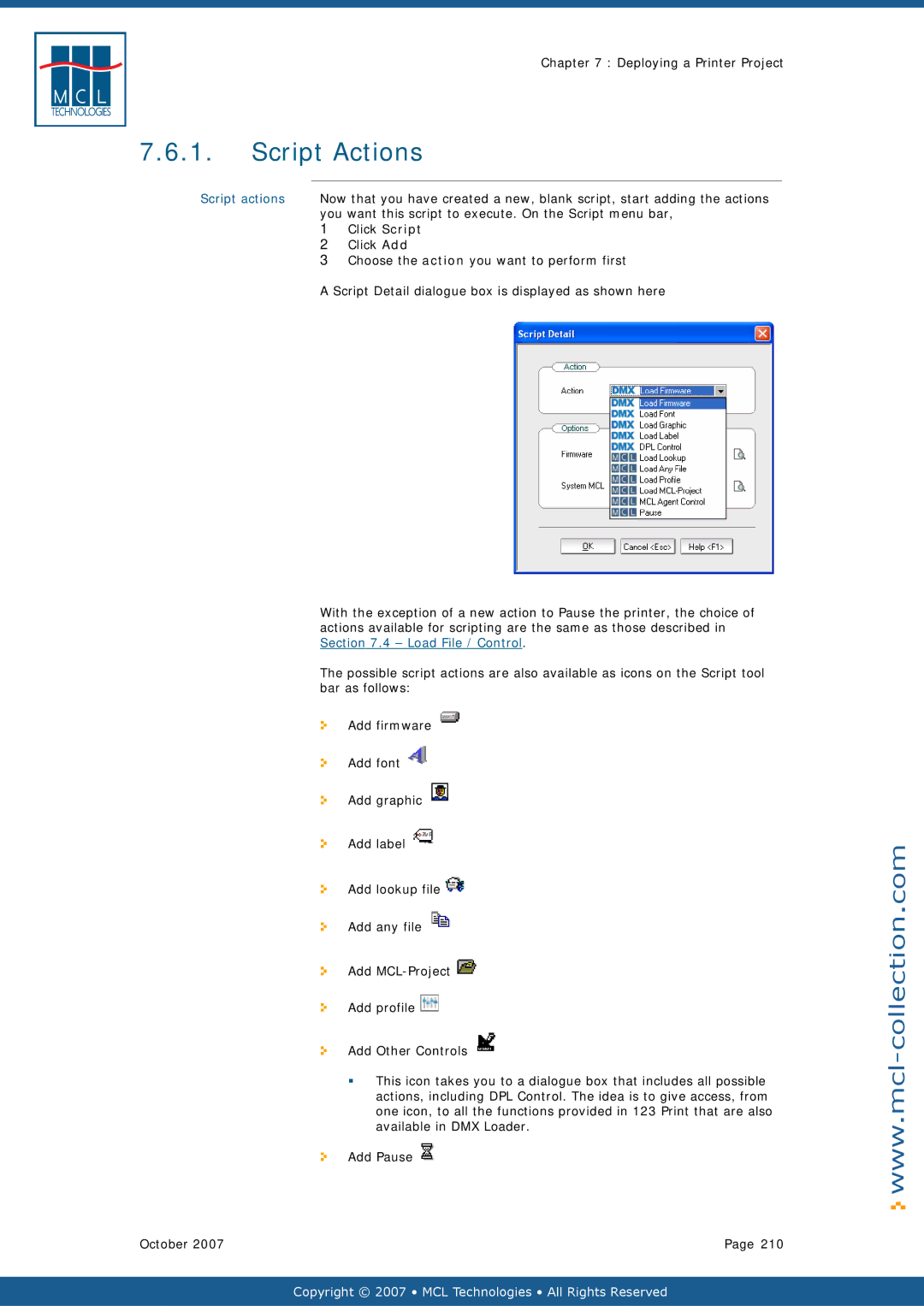 Datamax v1.1x Script Actions, Script actions, You want this script to execute. On the Script menu bar, Click Add 