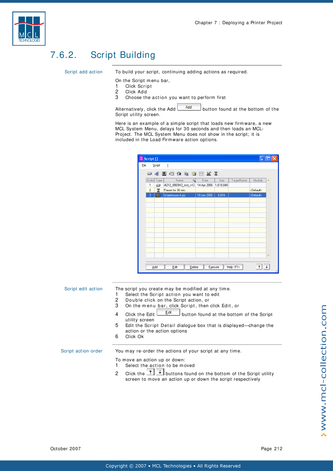 Datamax v1.1x user manual Script Building, Script add action, Script edit action 