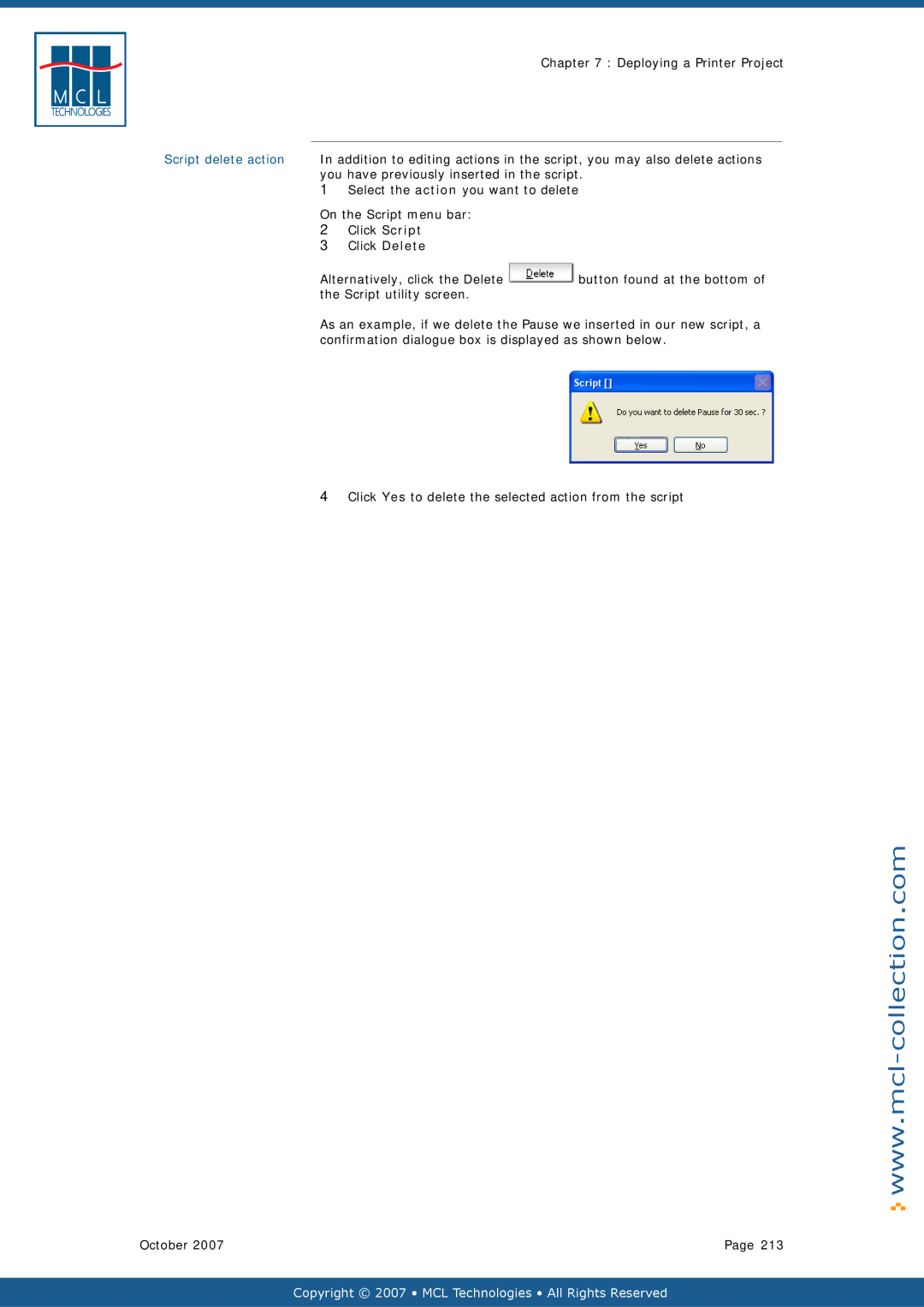 Datamax v1.1x Script delete action, You have previously inserted in the script, Select the action you want to delete 