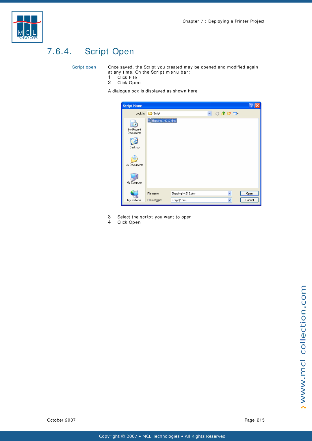 Datamax v1.1x user manual Script Open, Script open, At any time. On the Script menu bar 