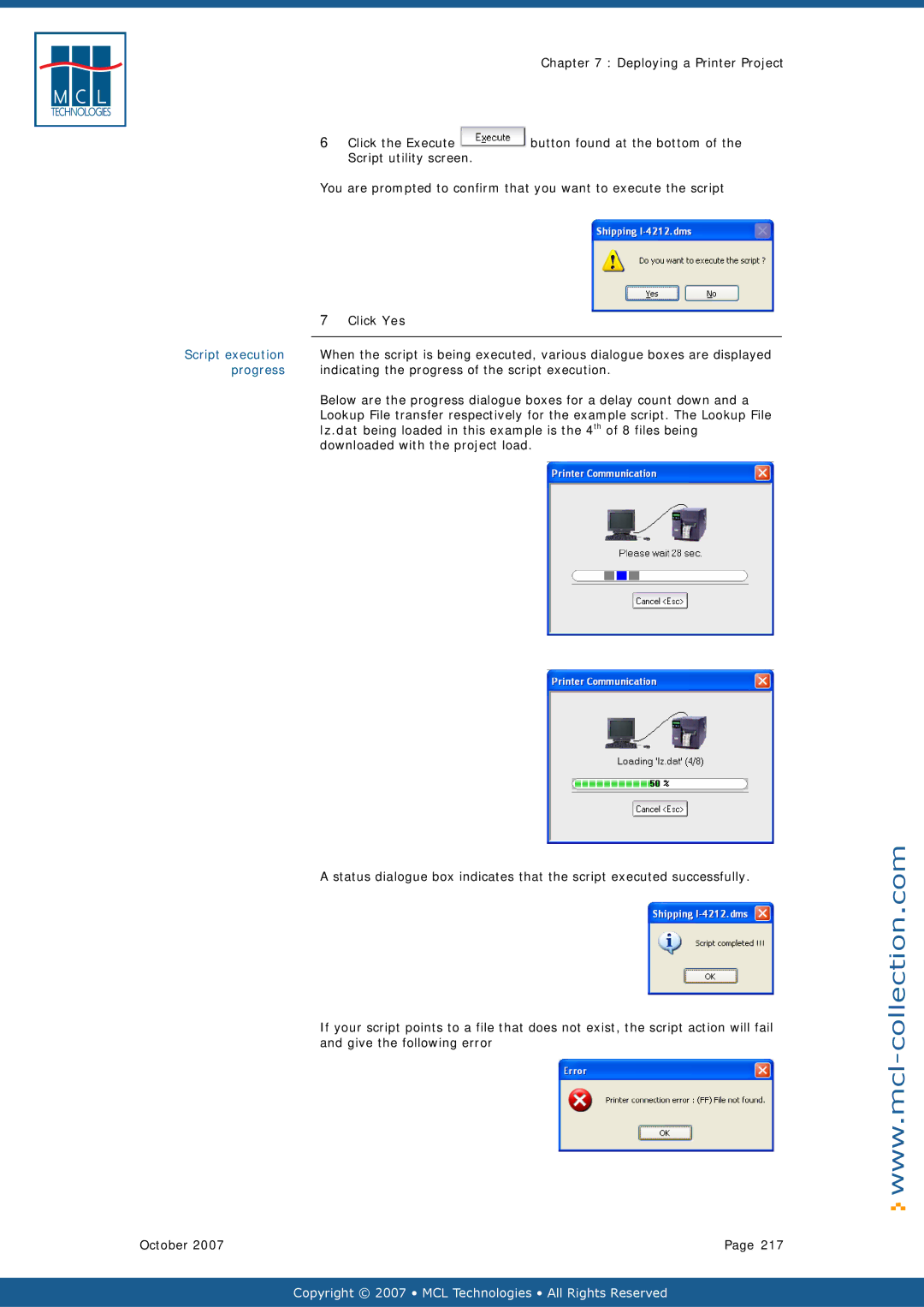 Datamax v1.1x user manual Progress, Indicating the progress of the script execution, Downloaded with the project load 