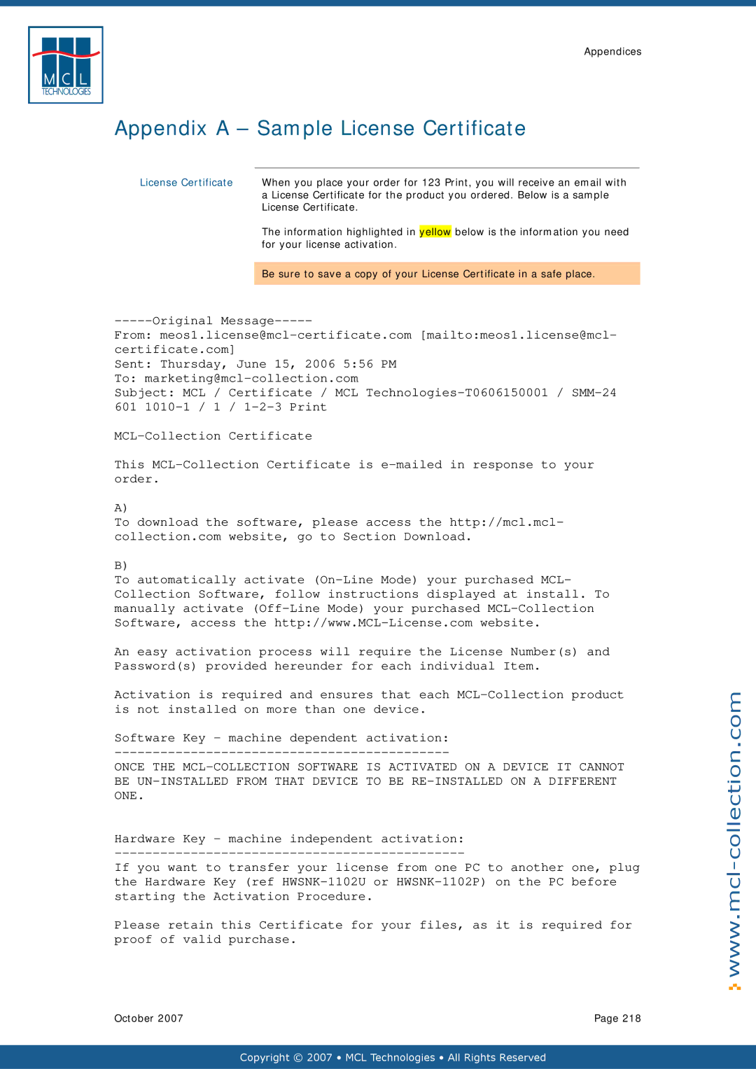 Datamax v1.1x user manual Appendix a Sample License Certificate 