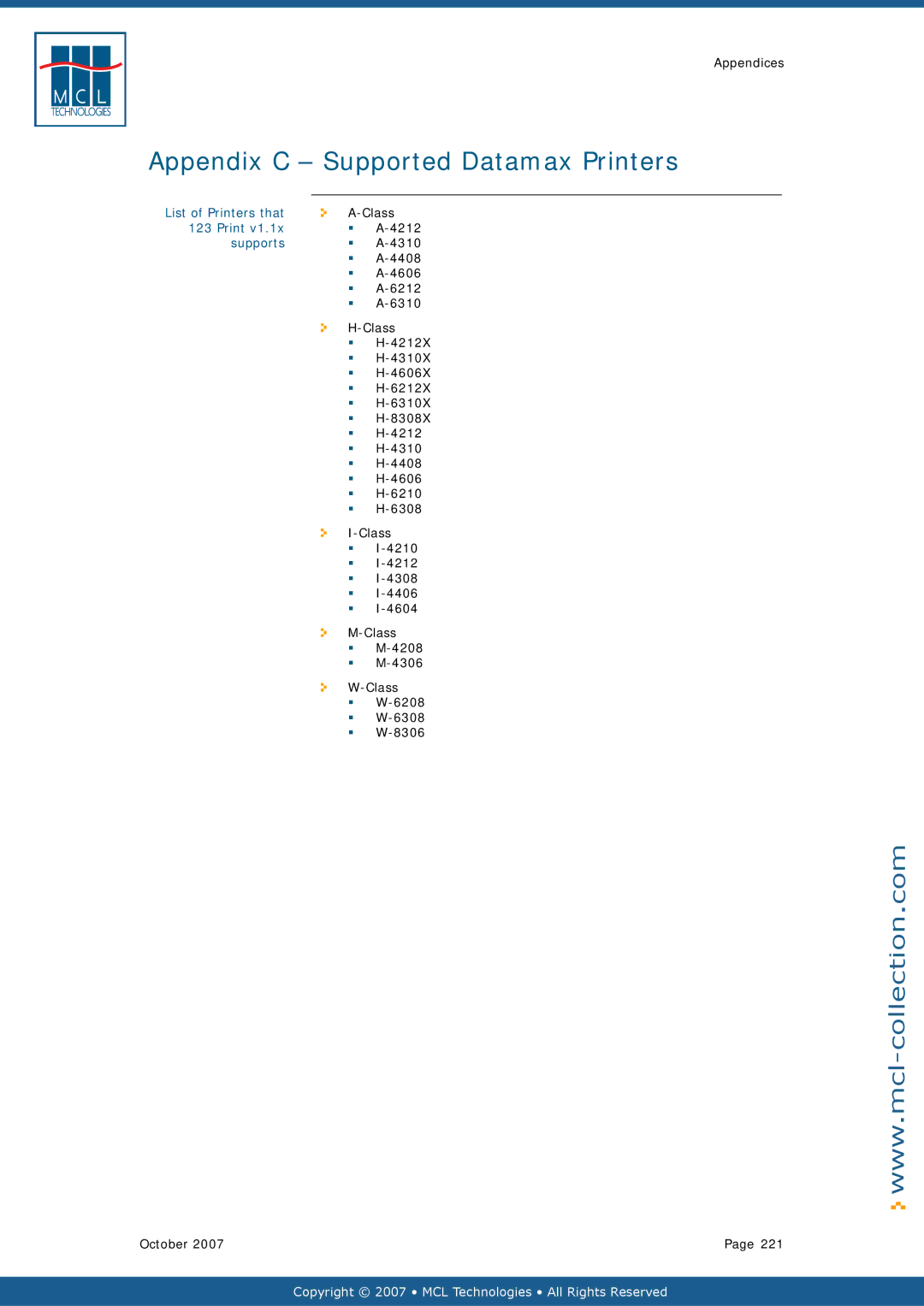 Datamax v1.1x user manual Appendix C Supported Datamax Printers, Class, Supports 