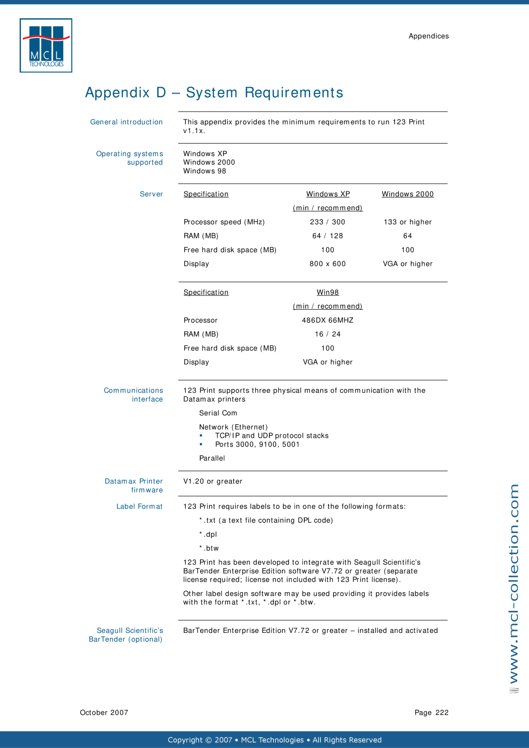 Datamax v1.1x user manual Appendix D System Requirements 