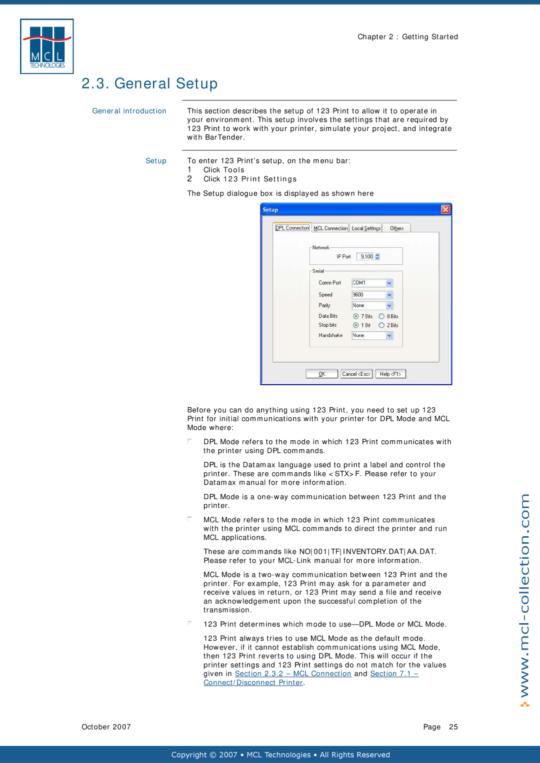 Datamax v1.1x user manual General Setup, Click 123 Print Settings 