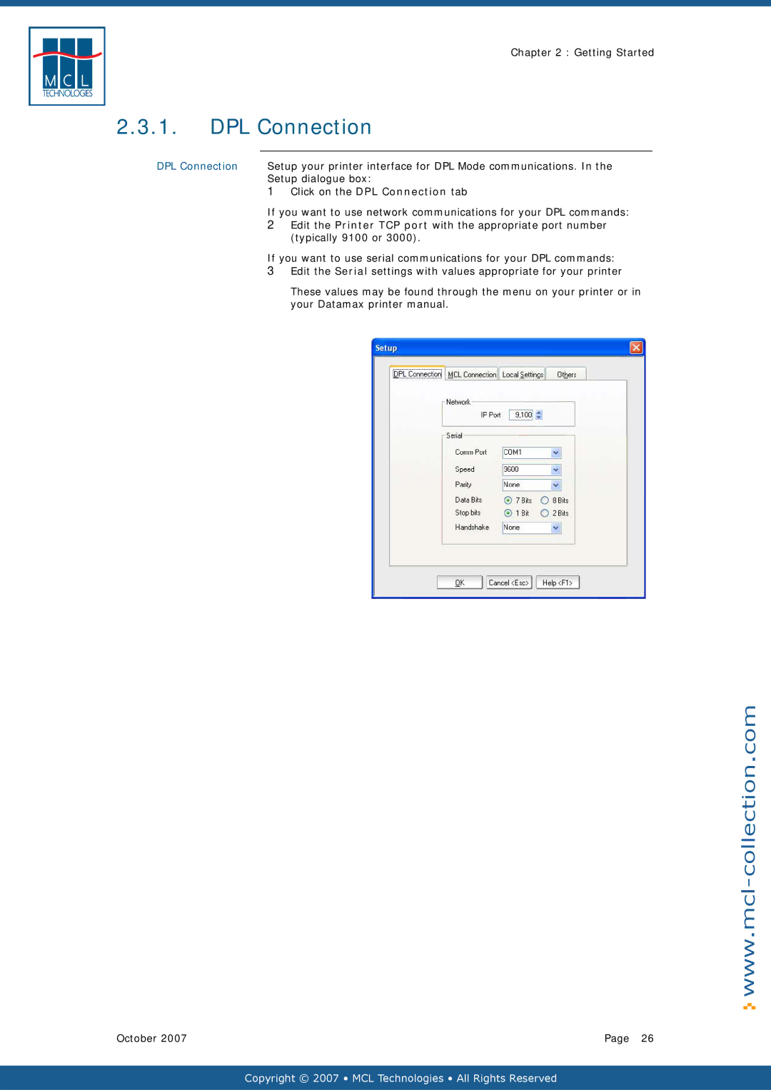 Datamax v1.1x user manual Setup dialogue box, Click on the DPL Connection tab 