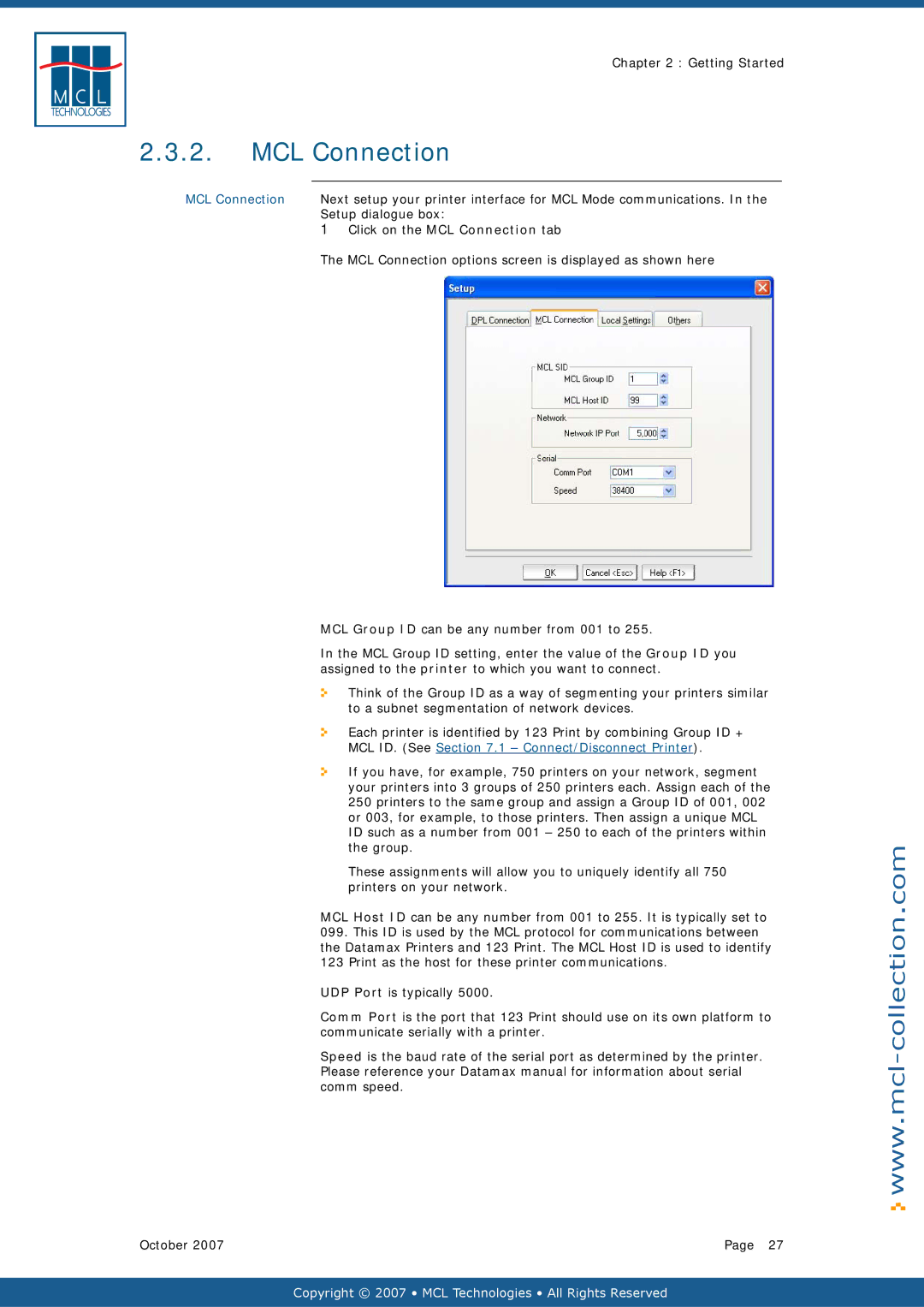 Datamax v1.1x user manual Click on the MCL Connection tab, MCL Connection options screen is displayed as shown here 