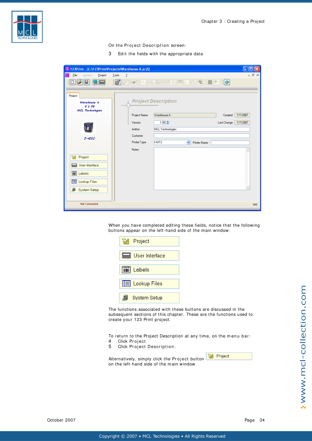 Datamax v1.1x user manual On the Project Description screen, Click Project Click Project Description 