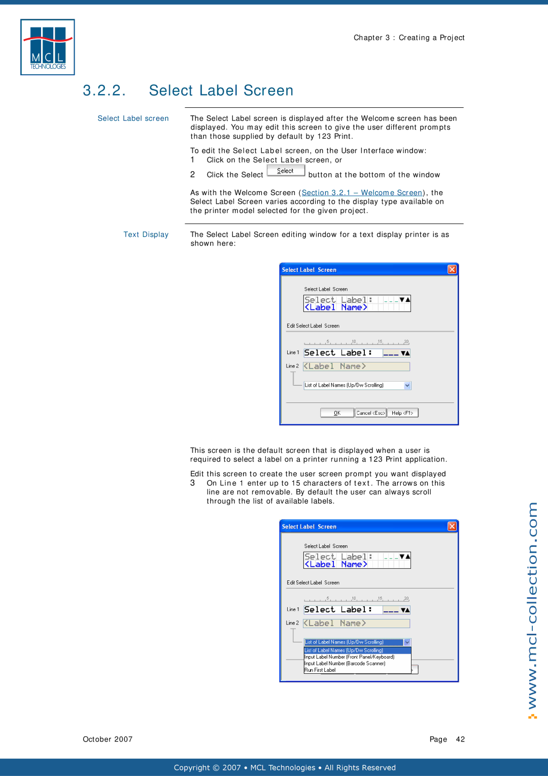 Datamax v1.1x user manual Select Label Screen, Select Label screen, Than those supplied by default by 123 Print 