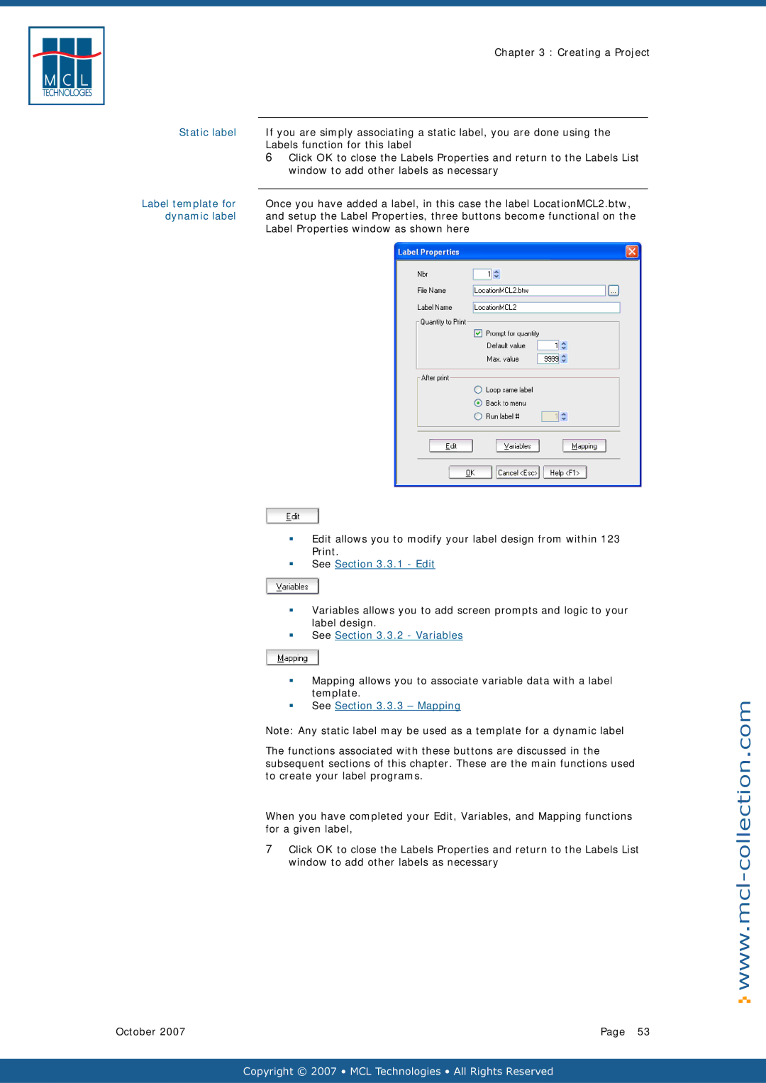 Datamax v1.1x user manual Static label, Dynamic label, ƒ See .3.1 Edit, ƒ See .3.2 Variables, ƒ See .3.3 Mapping 