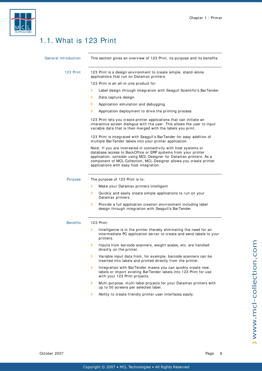 Datamax v1.1x user manual What is 123 Print, General introduction, Purpose, Benefits 