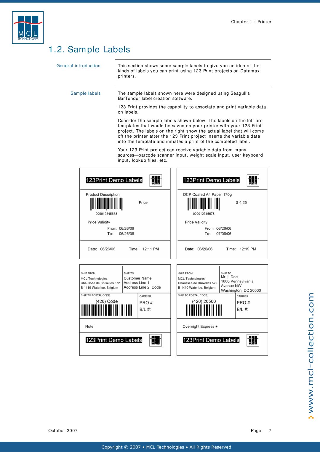 Datamax v1.1x user manual Sample Labels, Sample labels 