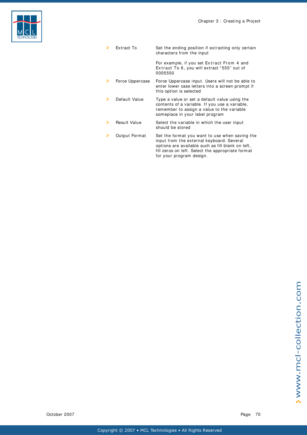 Datamax v1.1x Creating a Project Extract To, Characters from the input, For example, if you set Extract From 4, 0005550 