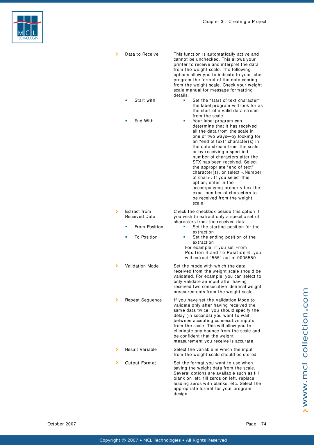 Datamax v1.1x Creating a Project Data to Receive, Cannot be unchecked. This allows your, Details, Start with, Extract from 