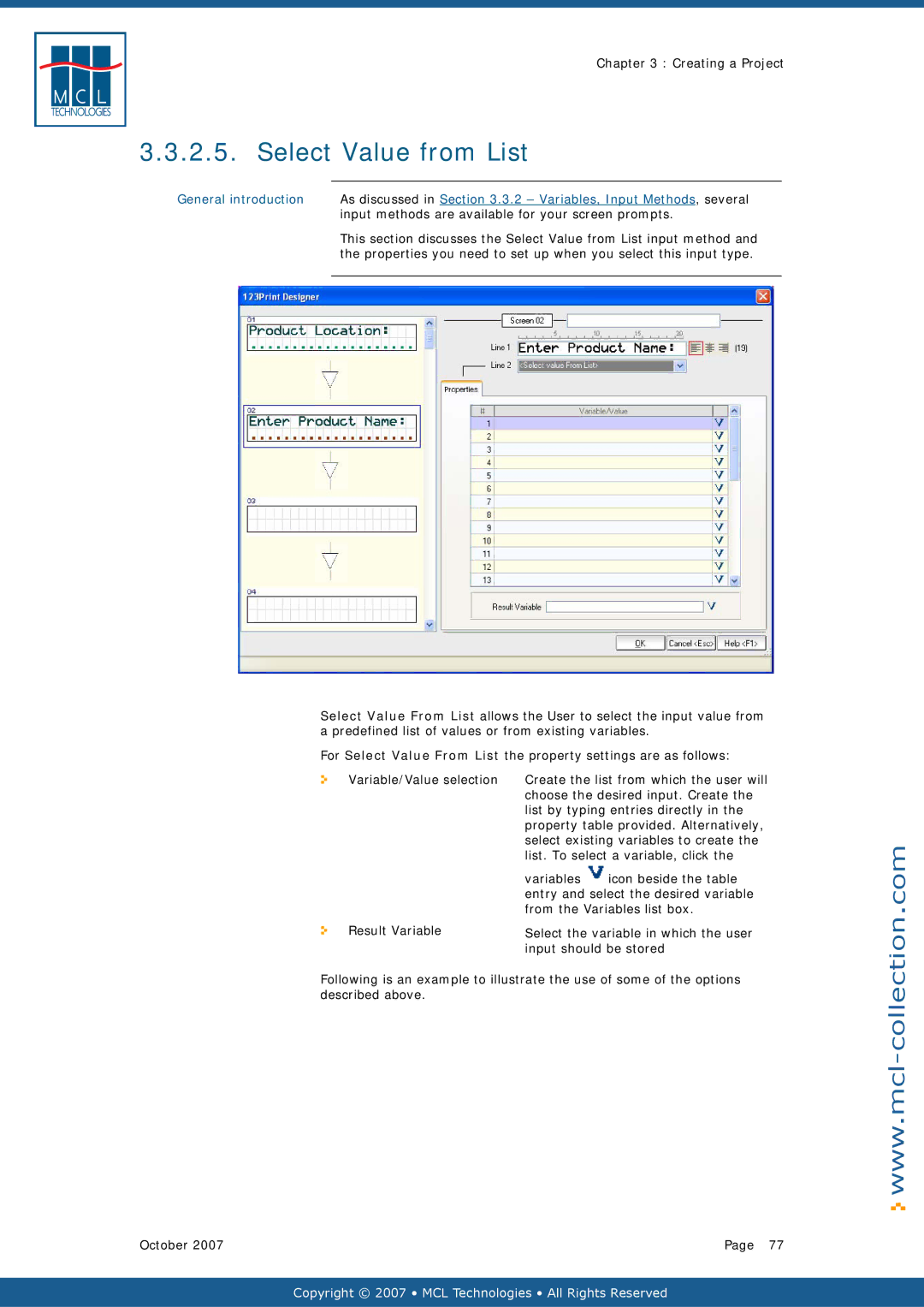 Datamax v1.1x user manual Select Value from List, List by typing entries directly, List. To select a variable, click 