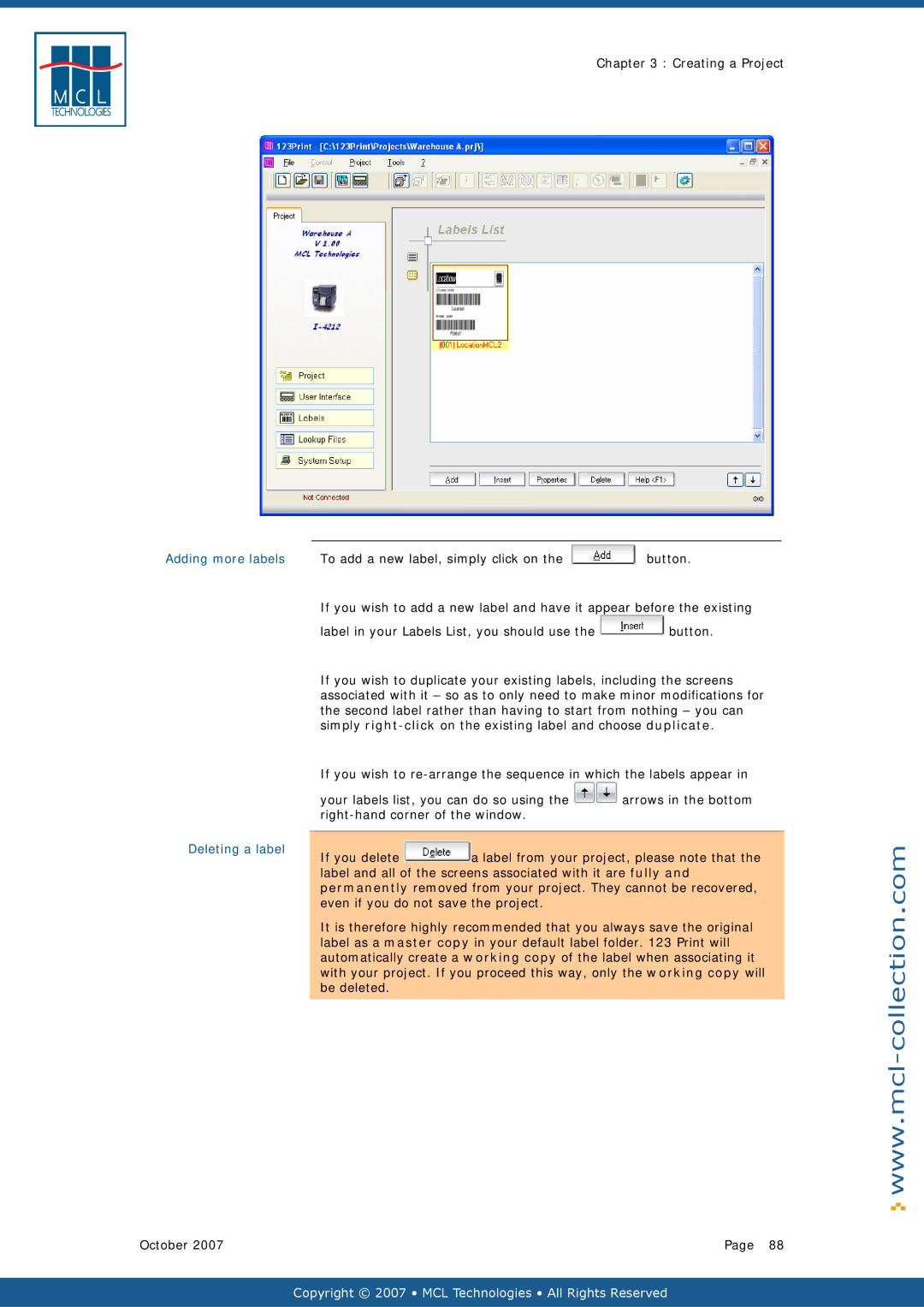 Datamax v1.1x user manual Adding more labels, To add a new label, simply click on, Deleting a label 