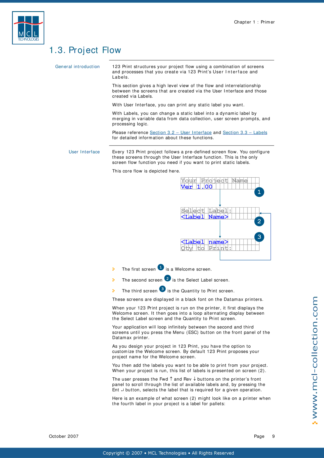 Datamax v1.1x user manual Project Flow, Labels, User Interface 