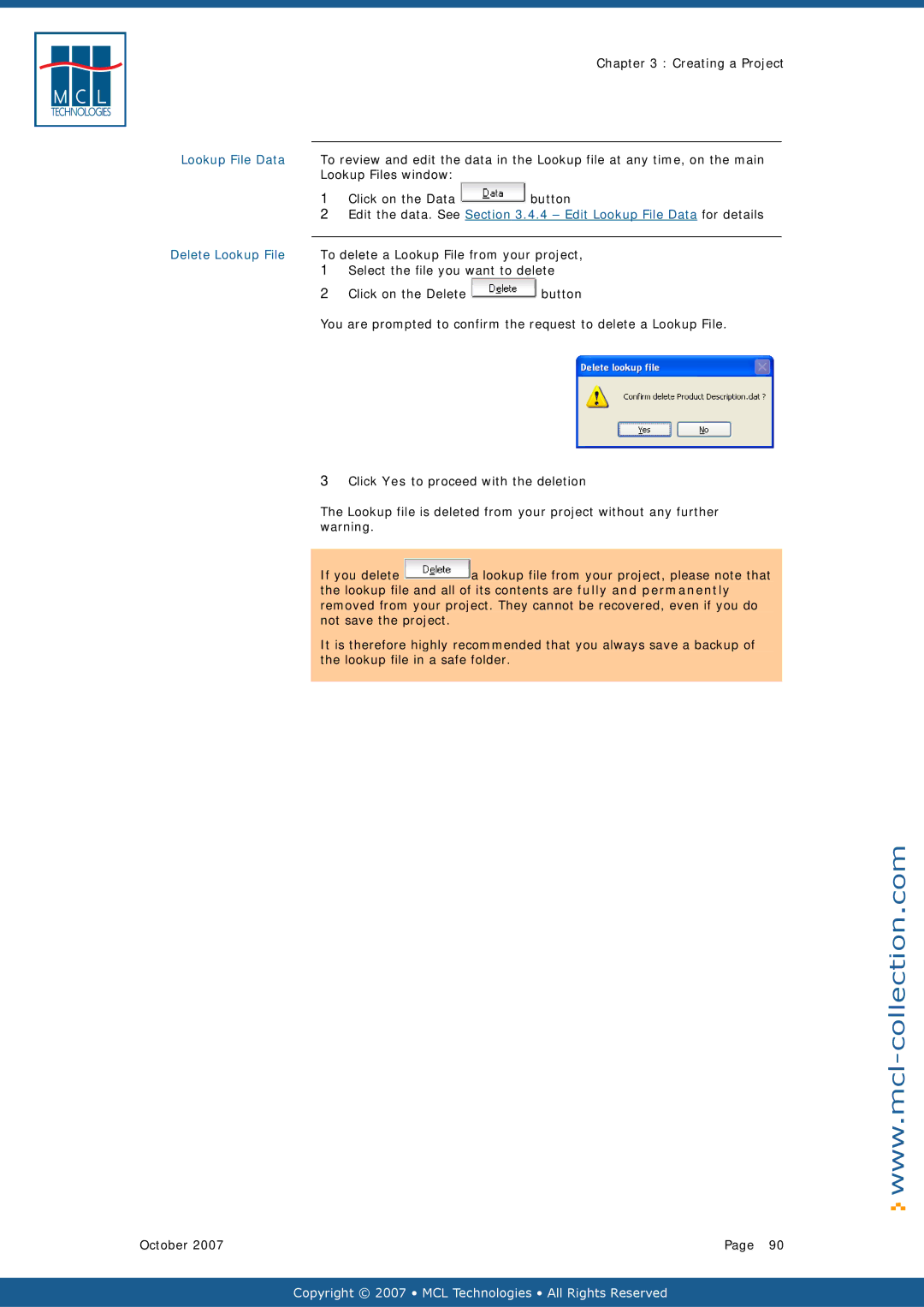 Datamax v1.1x Lookup File Data, Lookup Files window Click on the Data Button, To delete a Lookup File from your project 