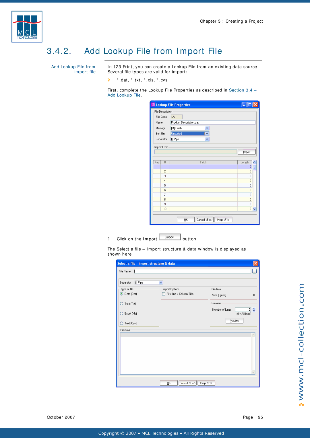 Datamax v1.1x user manual Add Lookup File from Import File, Import file, Several file types are valid for import 