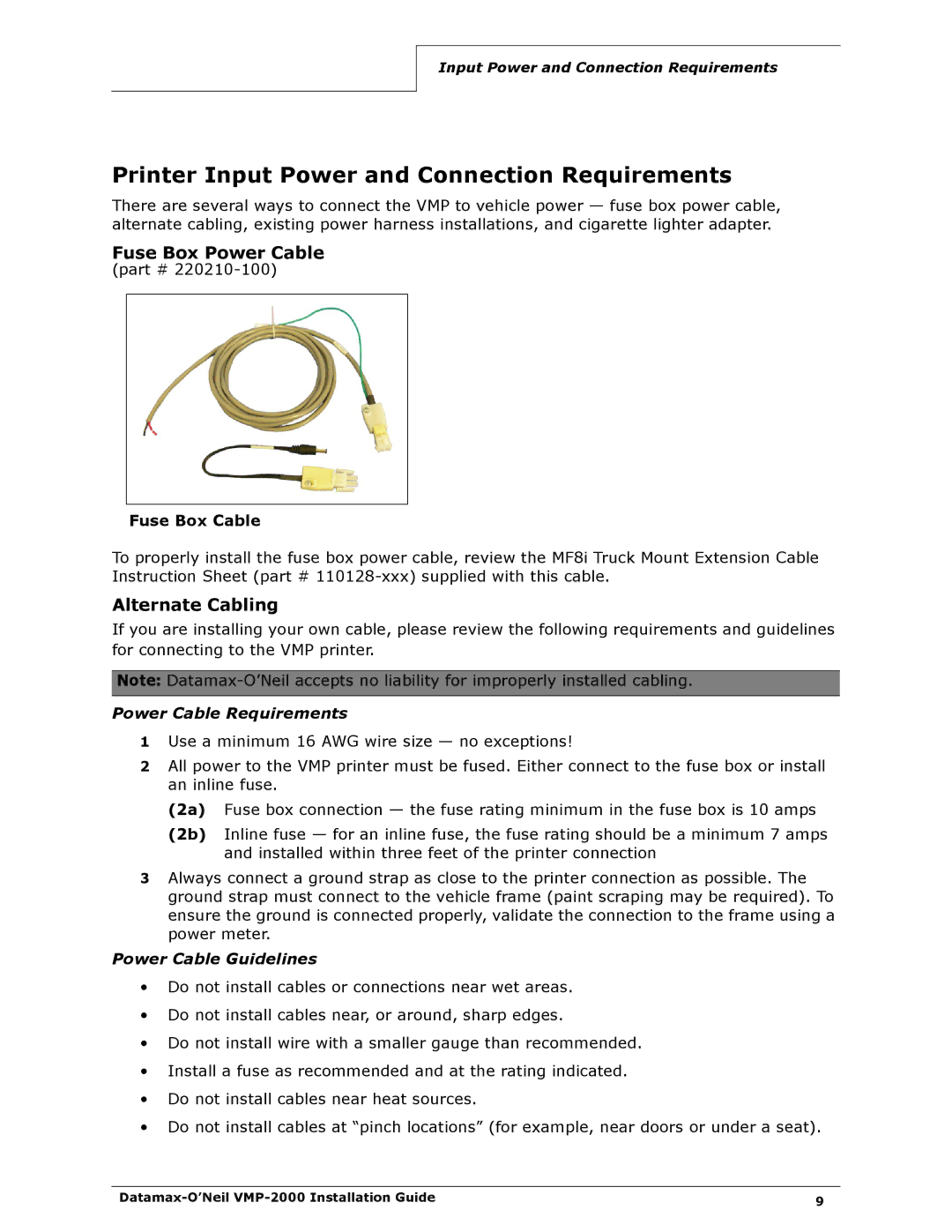 Datamax VMP-2000 manual Printer Input Power and Connection Requirements, Fuse Box Power Cable, Alternate Cabling 