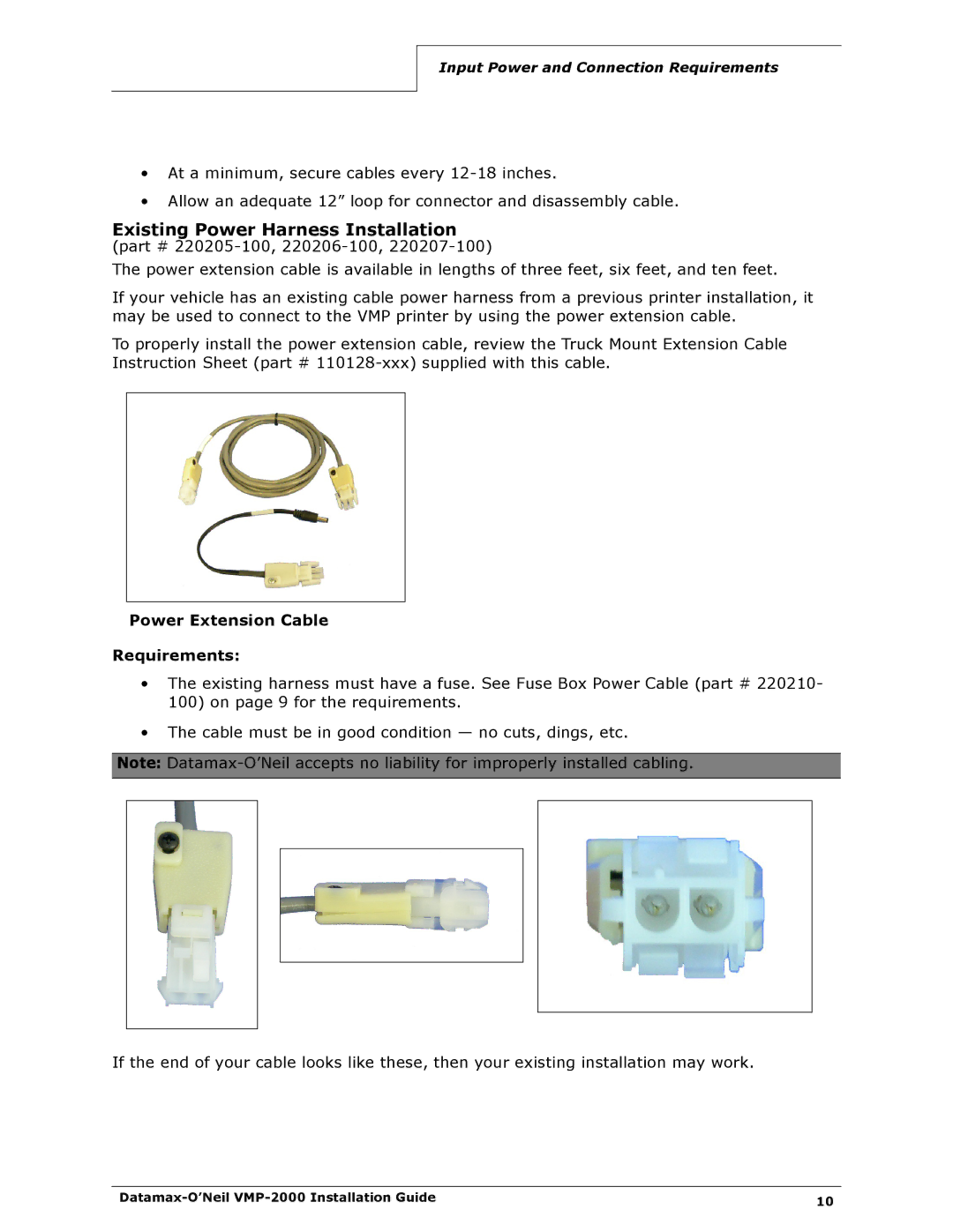 Datamax VMP-2000 manual Existing Power Harness Installation, Power Extension Cable Requirements 