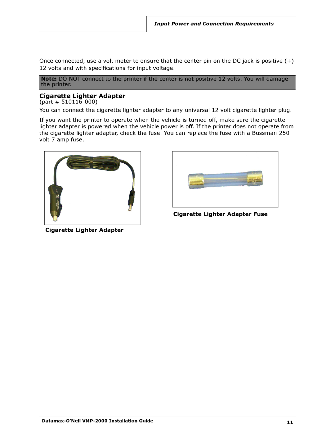 Datamax VMP-2000 manual Cigarette Lighter Adapter 