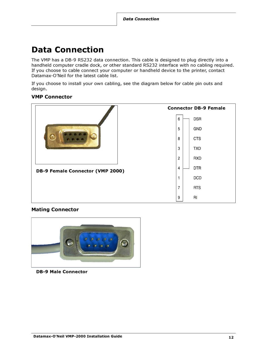 Datamax VMP-2000 manual Data Connection, VMP Connector, Mating Connector 