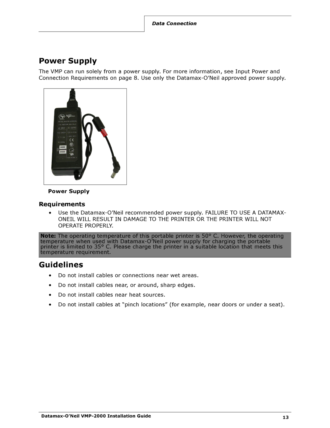 Datamax VMP-2000 manual Power Supply, Guidelines, Requirements 