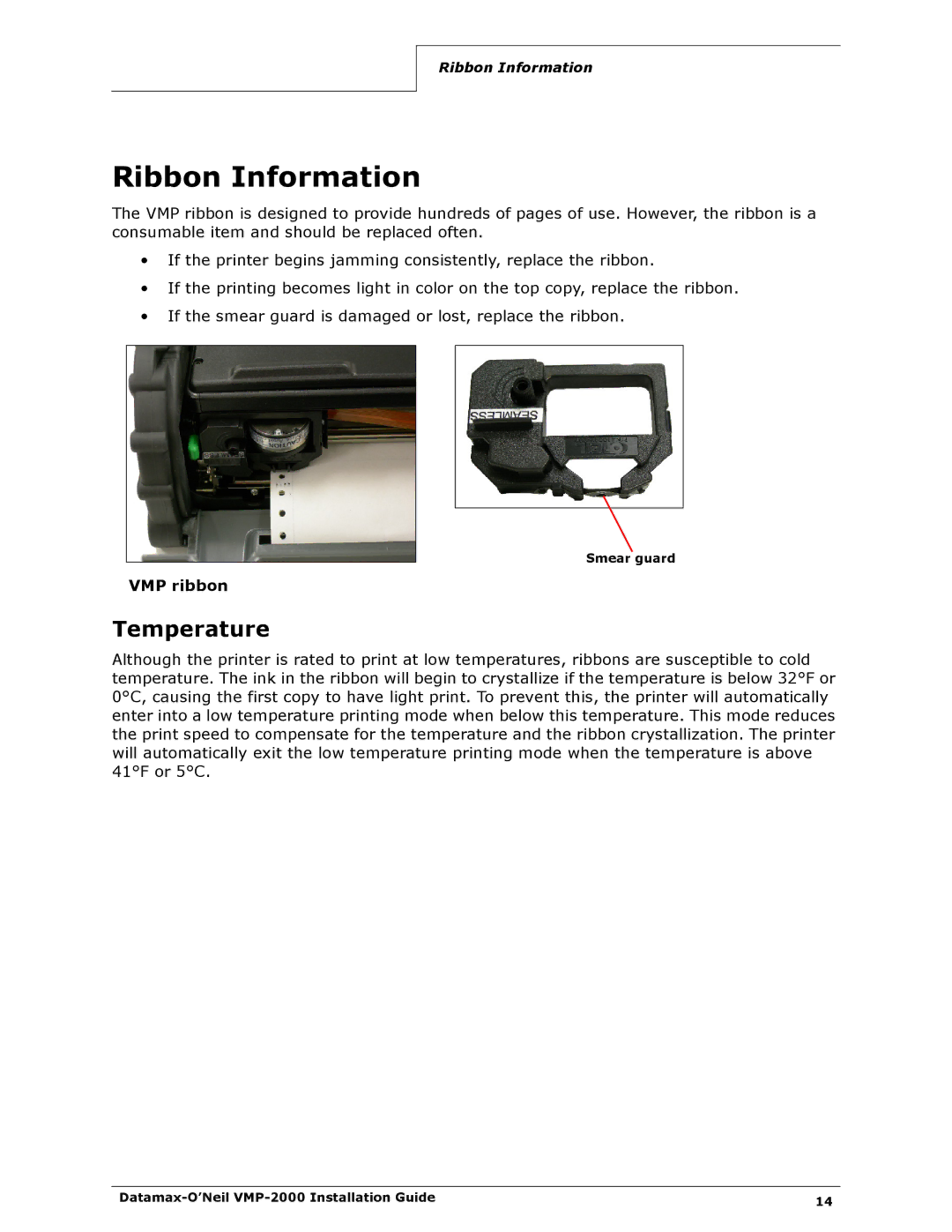 Datamax VMP-2000 manual Ribbon Information, Temperature 