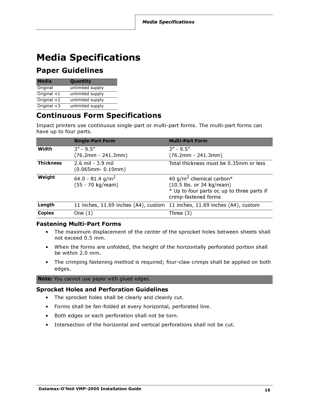 Datamax VMP-2000 manual Media Specifications, Paper Guidelines, Continuous Form Specifications, Fastening Multi-Part Forms 