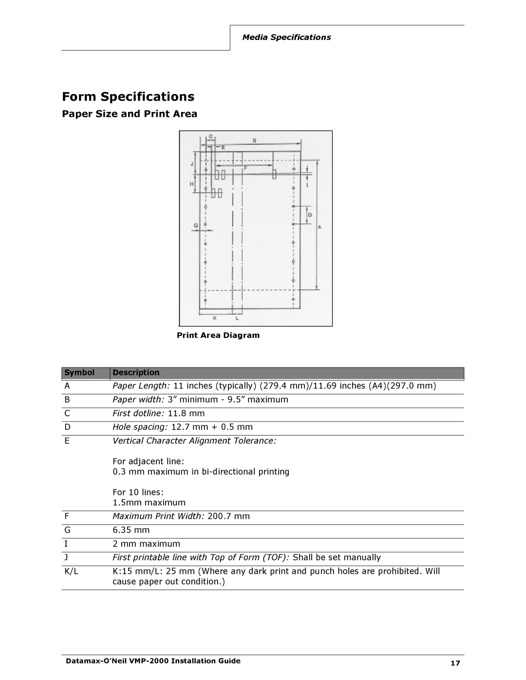 Datamax VMP-2000 manual Form Specifications, Paper Size and Print Area 