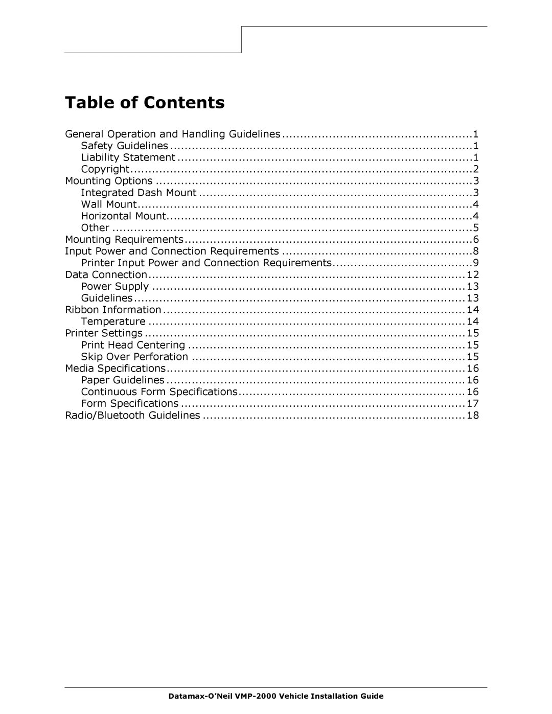 Datamax VMP-2000 manual Table of Contents 