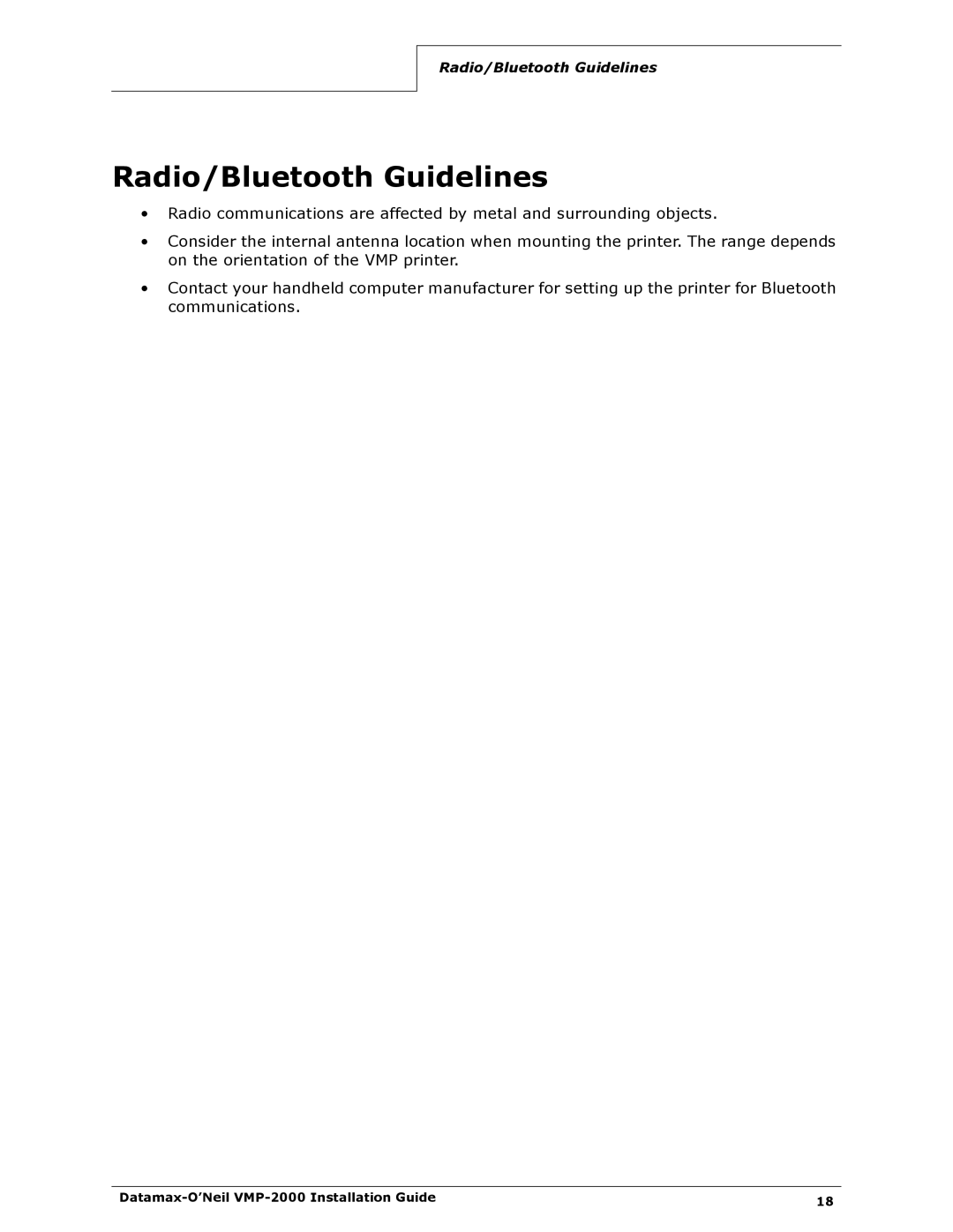 Datamax VMP-2000 manual Radio/Bluetooth Guidelines 