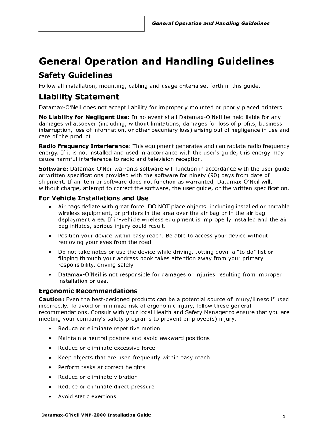 Datamax VMP-2000 manual General Operation and Handling Guidelines, Safety Guidelines, Liability Statement 