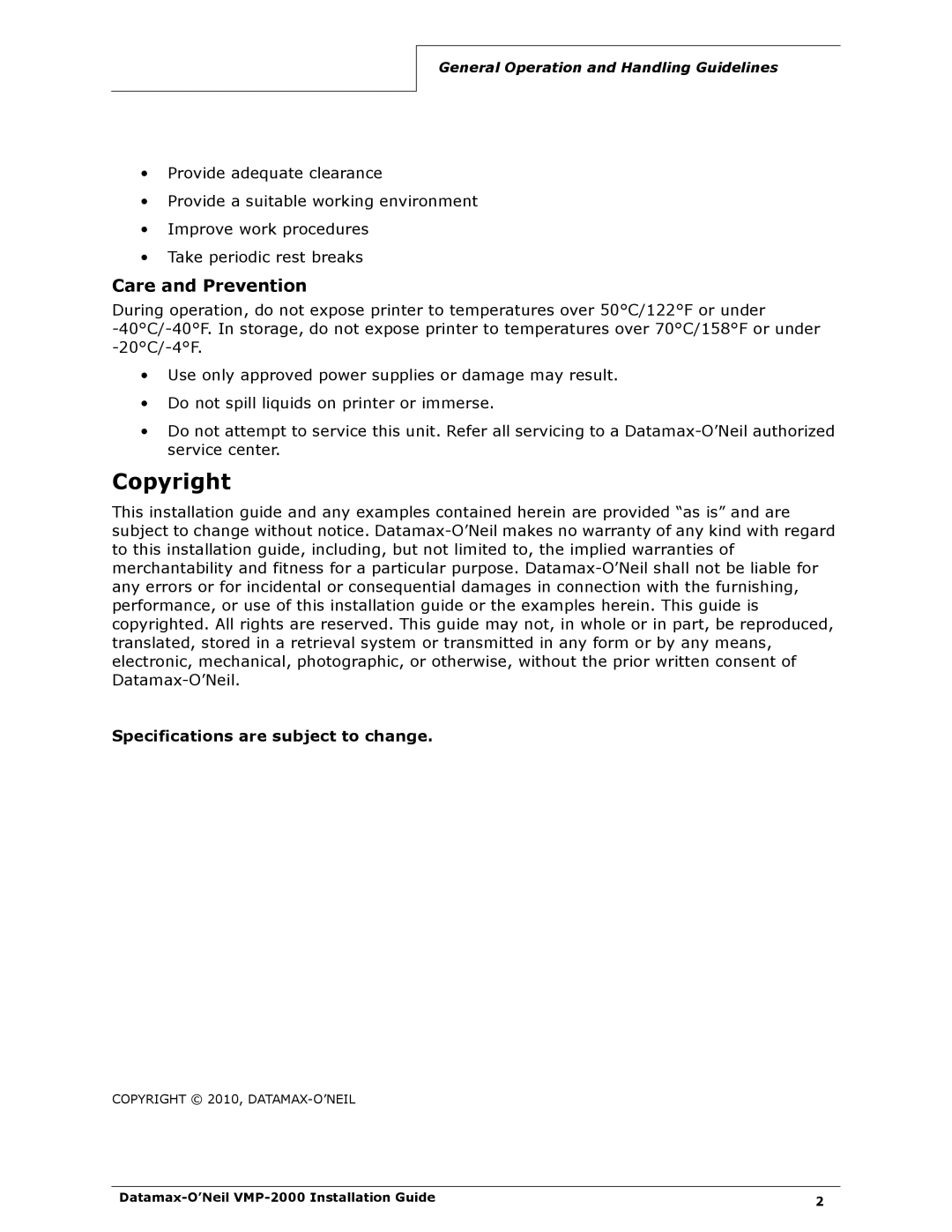 Datamax VMP-2000 manual Copyright, Care and Prevention 