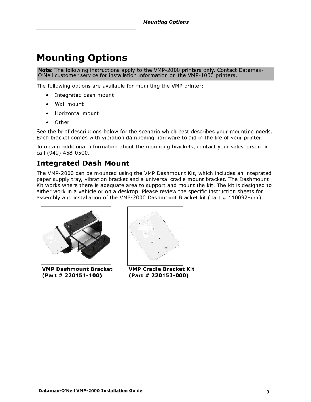 Datamax VMP-2000 manual Mounting Options, Integrated Dash Mount 