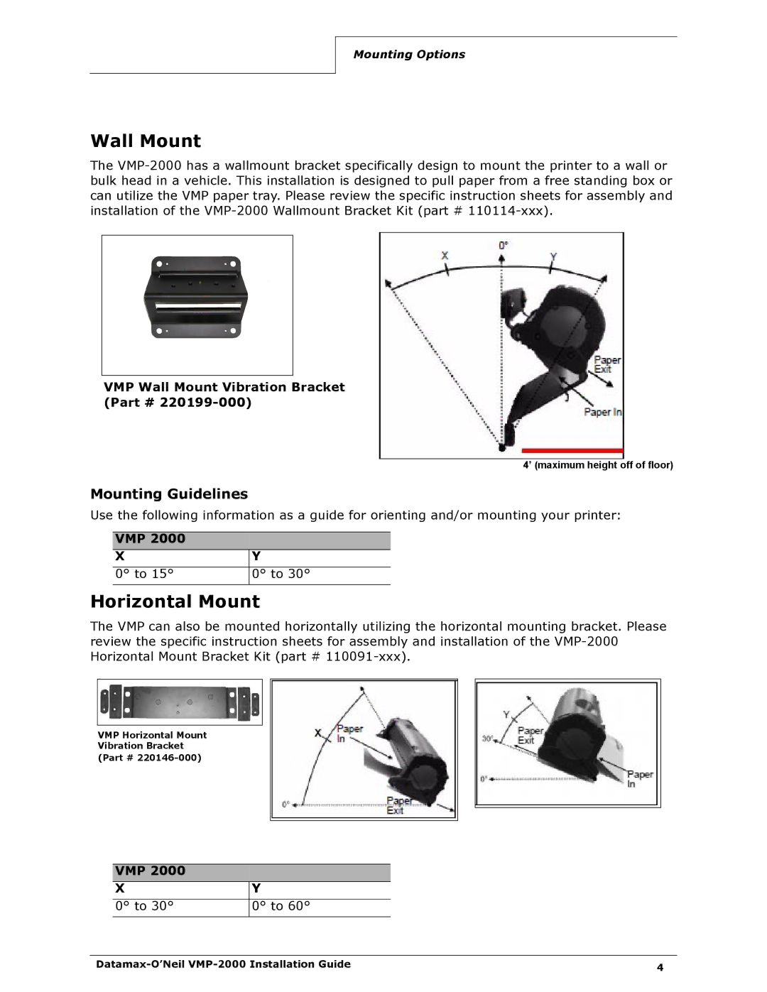 Datamax VMP-2000 manual Wall Mount, Horizontal Mount, Mounting Guidelines 