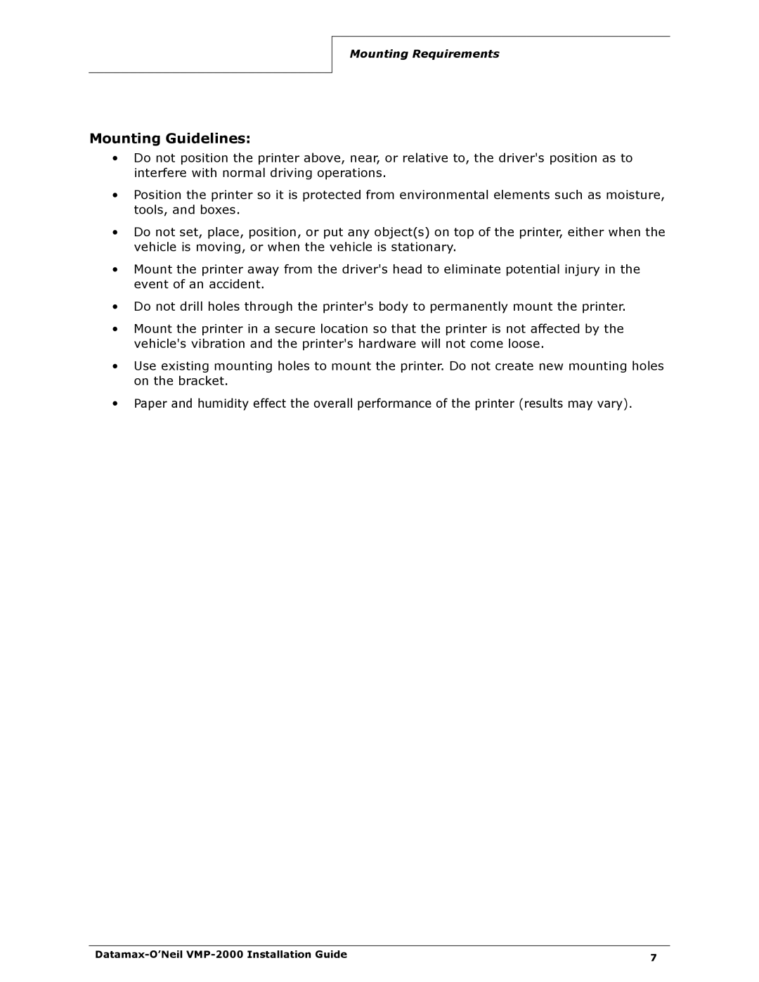 Datamax VMP-2000 manual Mounting Guidelines 