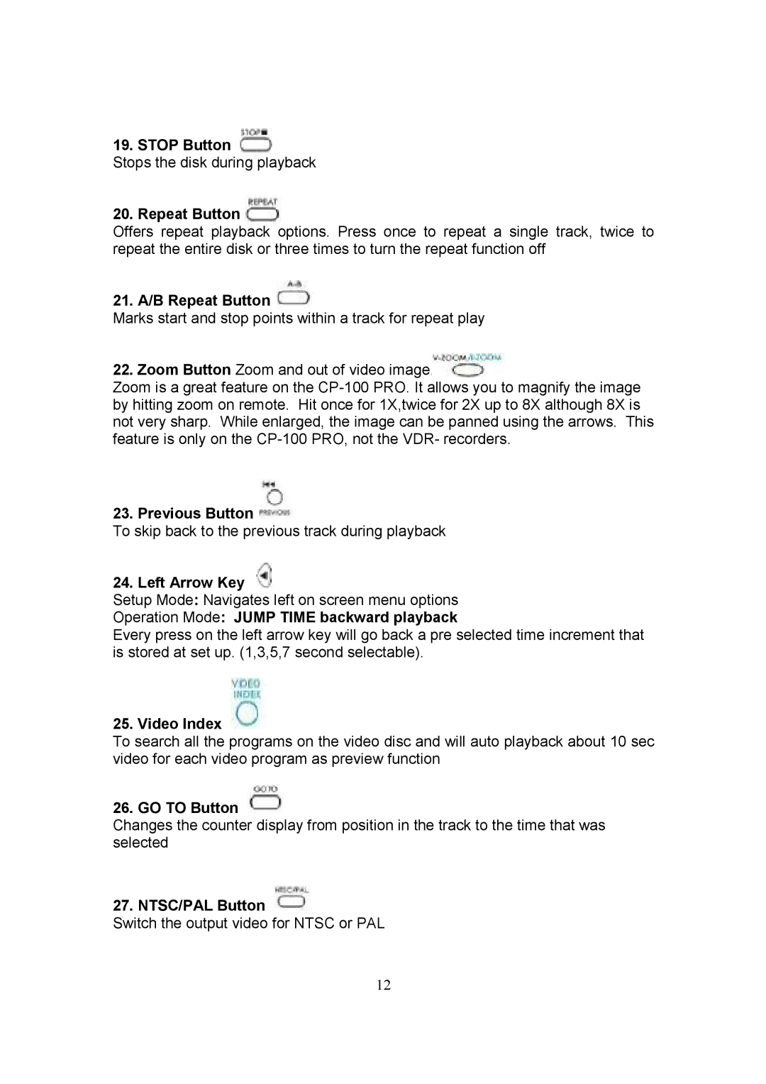 Datavideo CP-100 PRO Stop Button, 21. A/B Repeat Button, Previous Button, Left Arrow Key, Video Index, GO to Button 